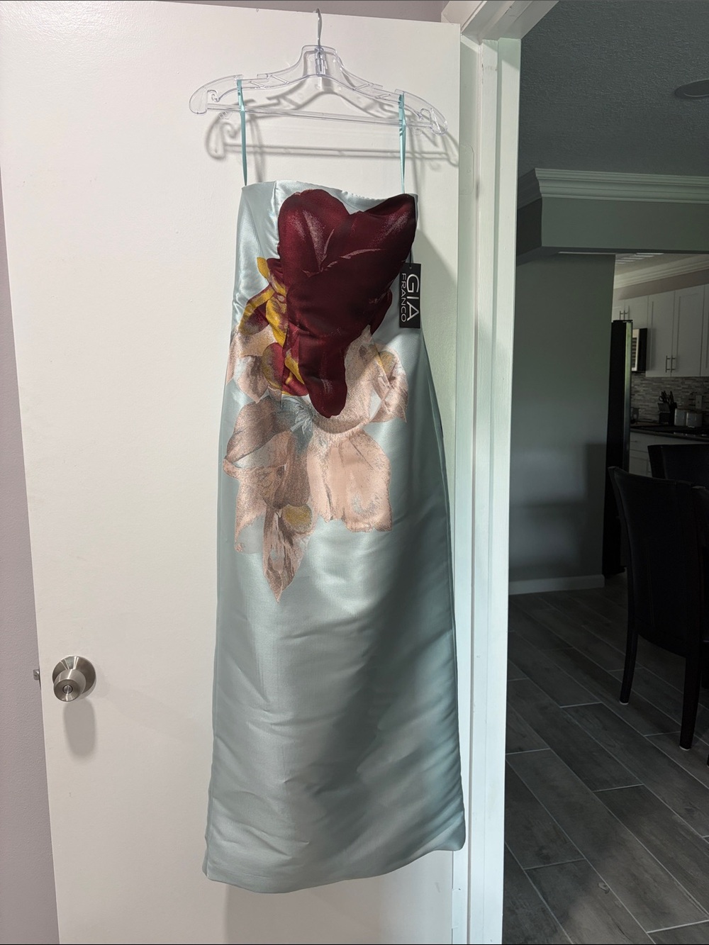 GIA Light Blue Satin Floral-Accent Wedding Dress with Burgundy Appliqué